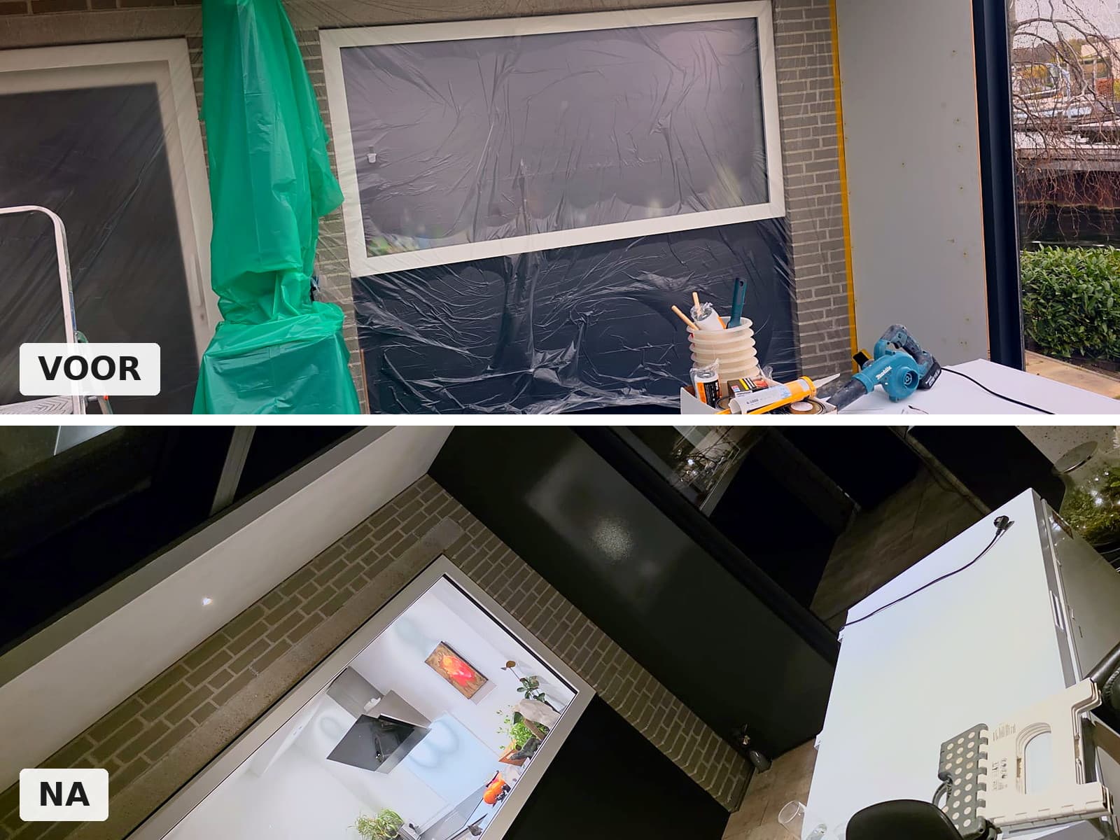 Afgeplakte buitengevel tijdens de voorbereiding en het gladde plafond na afloop