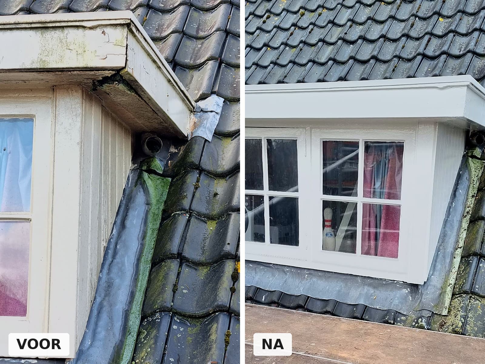 Dakkapel met verweerd houtwerk voor en strak wit geschilderd na de behandeling