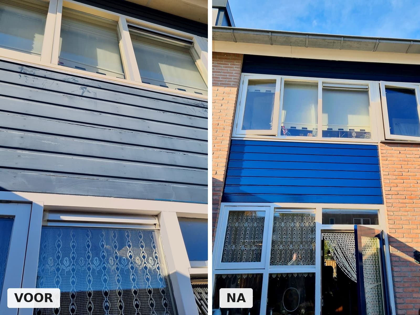 Voorgevel met houten beschot voor en na de schilderbeurt in diepblauw