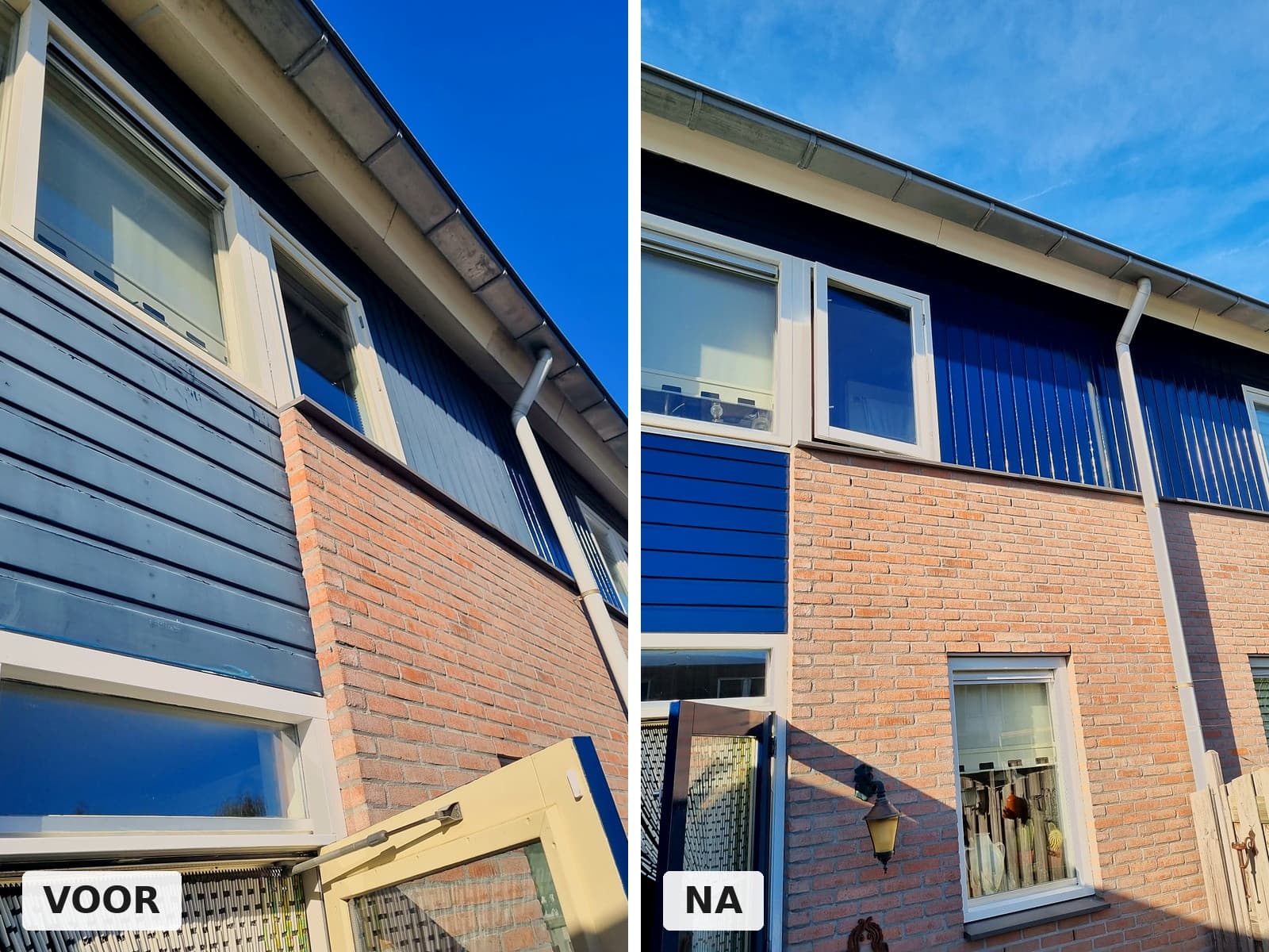 Gevelbetimmering van een woning voor en na het schilderwerk