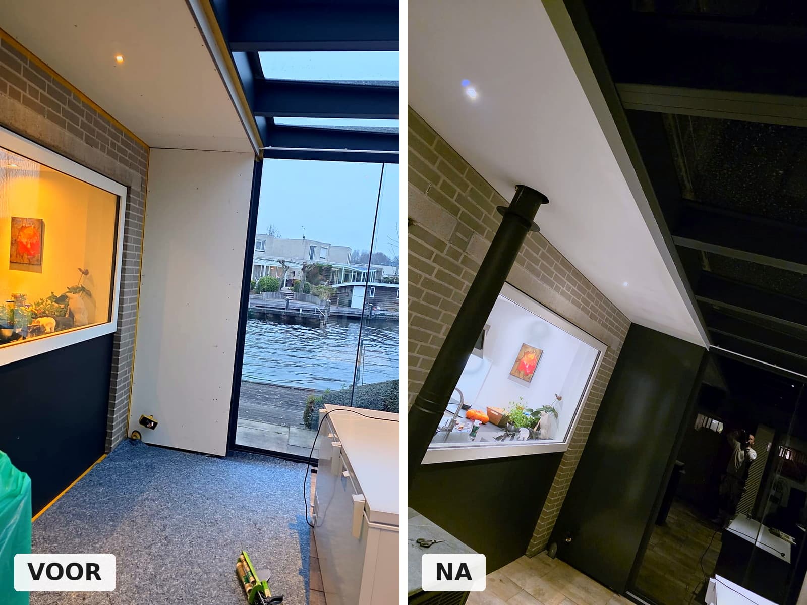 Plafond van een overkapping aan het water voor en na de afwerking