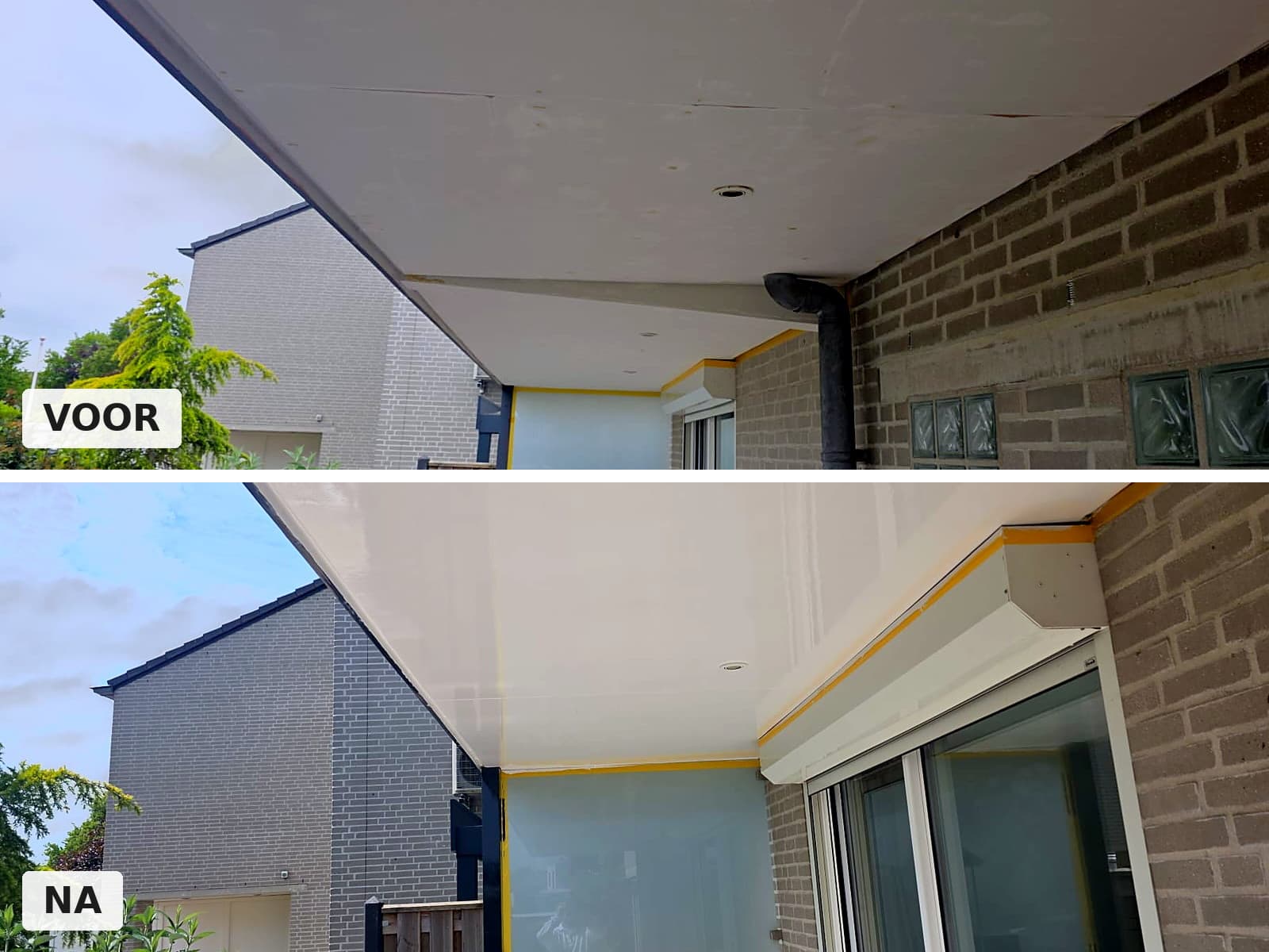 Plafond van een overkapping voor en na het schilderen in wit