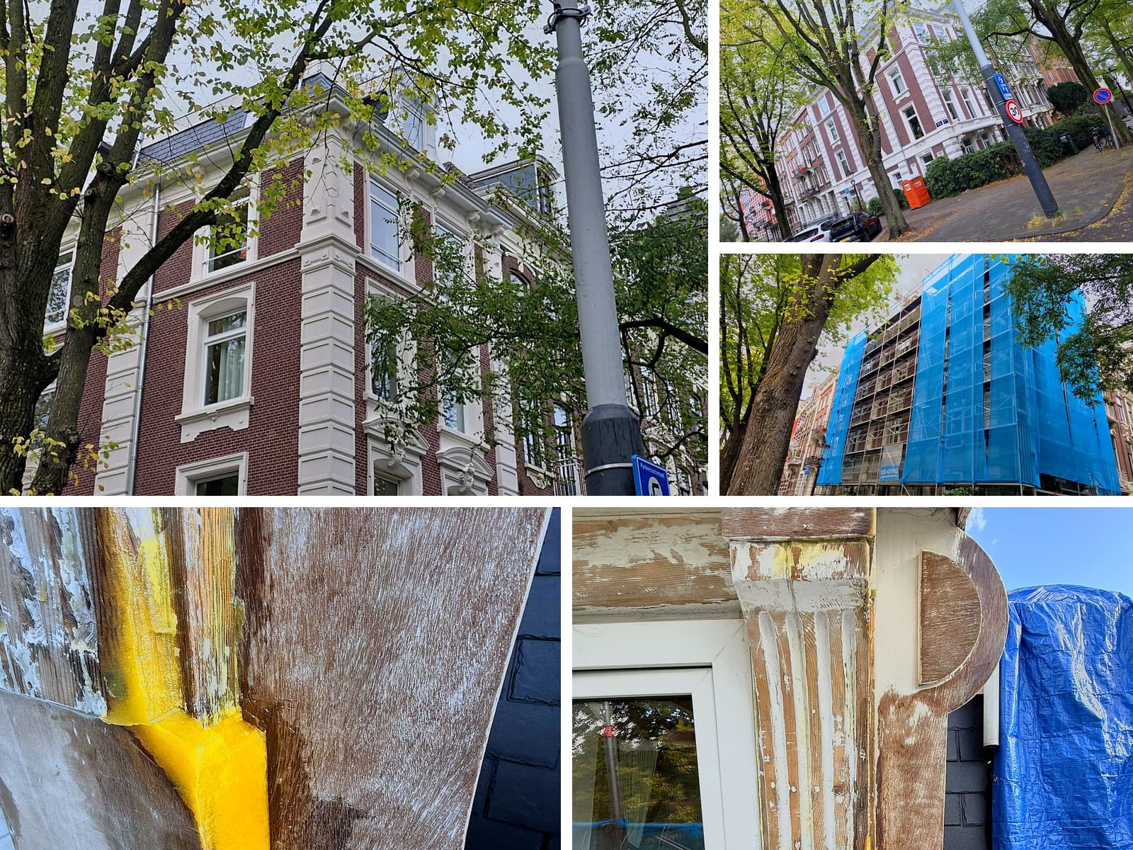 Gevelrestauratie in Amsterdam: herenhuis met steigerwerk en herstelde witte lijsten