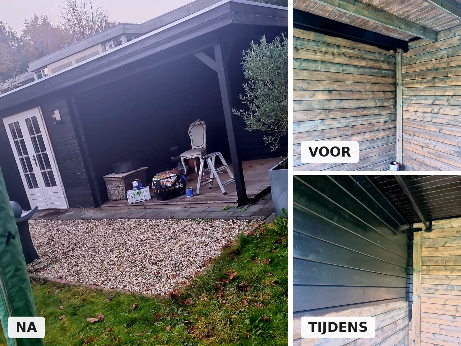 Tuinhuis met overkapping voor, tijdens en na het schilderen in donkergrijs