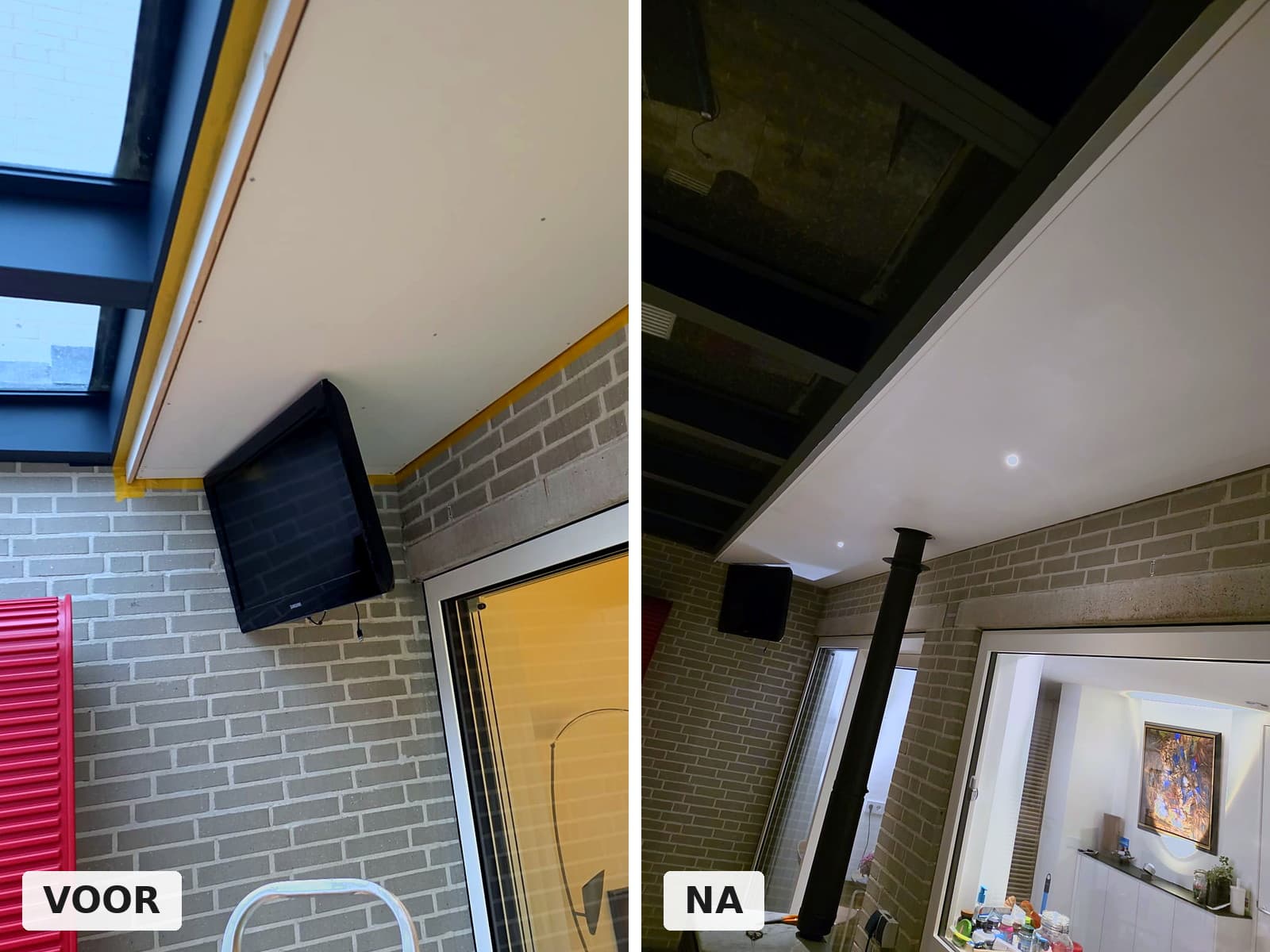 Verandaplafond voor en na het schilderwerk met ingebouwde spots