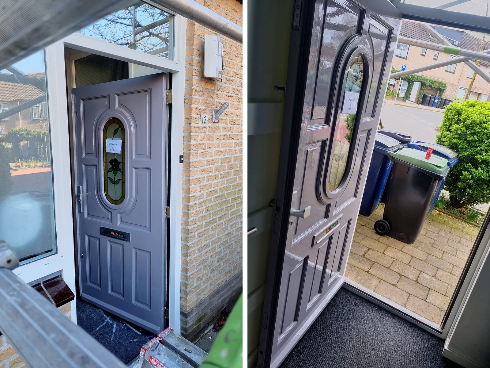 Grijs afgelakte voordeur met glas-in-loodraam na het schilderwerk