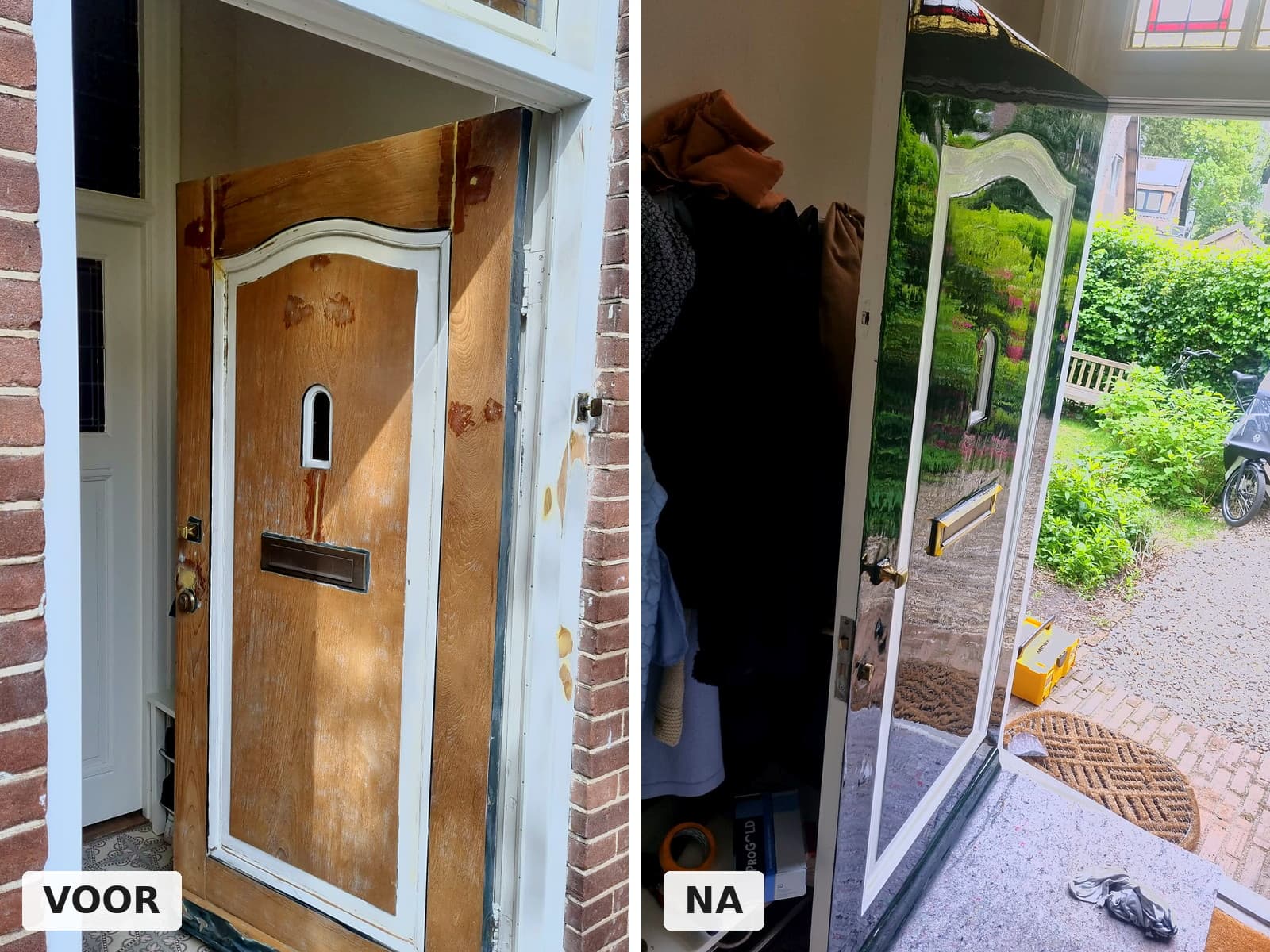 Houten voordeur kaal geschuurd voor en hoogglans gelakt na het schilderwerk
